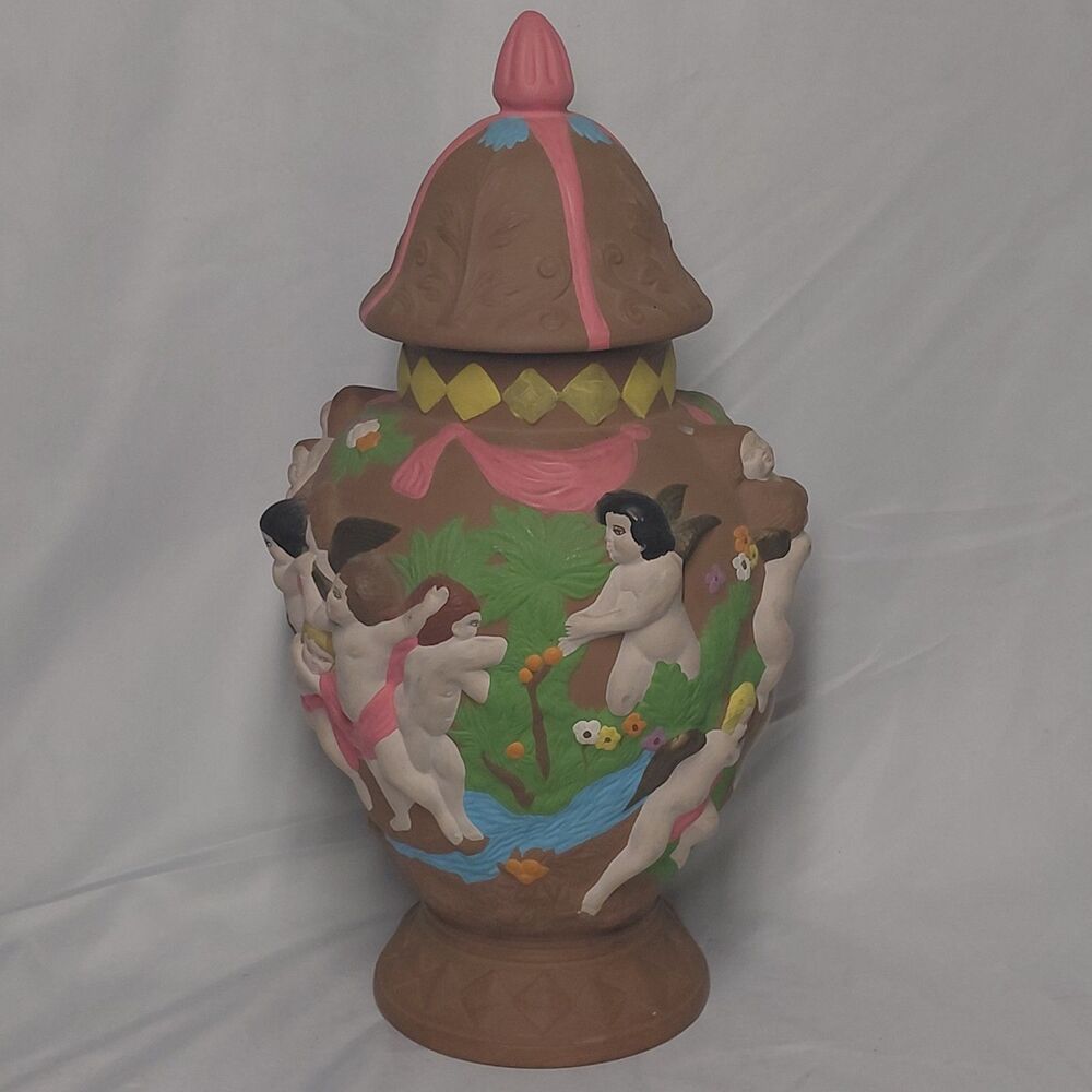 VINTAGE CAPODIMONTE STYLE 14" CHERUB GINGER JAR WITH LID HAND PAINTED TERRACOTTA